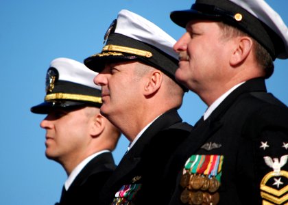 US Navy 111203-N-AW324-098 Leadership of the Virginia-class attack submarine Pre-Commissioning Unit (PCU) Mississippi (SSN 782) listens to remarks photo