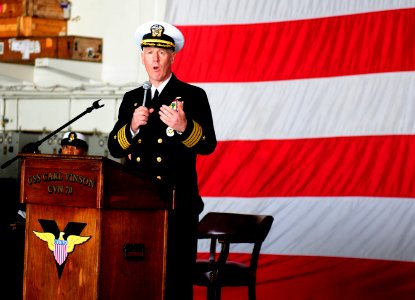 US Navy 111202-N-RG587-063 Capt. Bruce H. Lindsey delivers his farewell address to the crew after being relieved as commanding officer of the Nimit