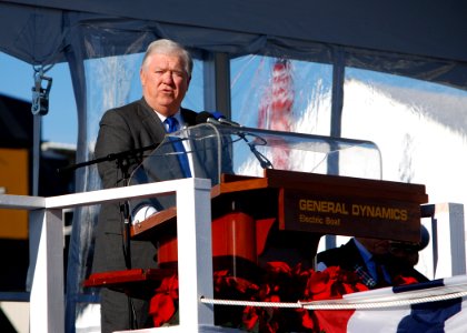 US Navy 111203-N-AW324-069 Mississippi Gov. Haley Barbour delivers remarks during the christening ceremony for the Virginia-class attack submarine photo