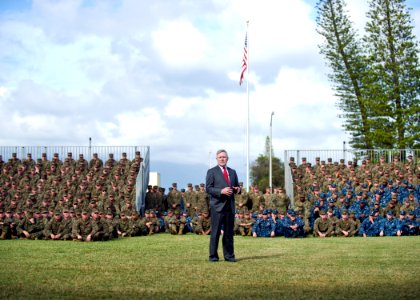 US Navy 111206-N-AC887-002 Secretary of the Navy (SECNAV) the Honorable Ray Mabus addresses Sailors and Marines at Marine Corps Base, Kaneohe Bay
