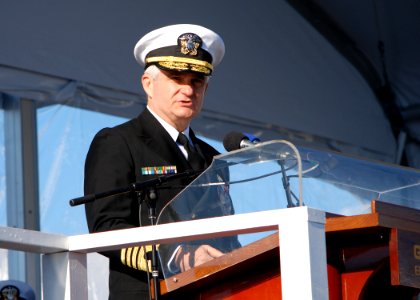 US Navy 111203-N-AW324-088 Adm. Kirkland Donald delivers remarks during the christening ceremony for the Virginia-class attack submarine Pre-Commis photo