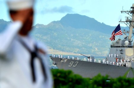US Navy 111207-N-WP746-319 A Sailor conducts a pass-in-review during the 70th anniversary of Pearl Harbor Day