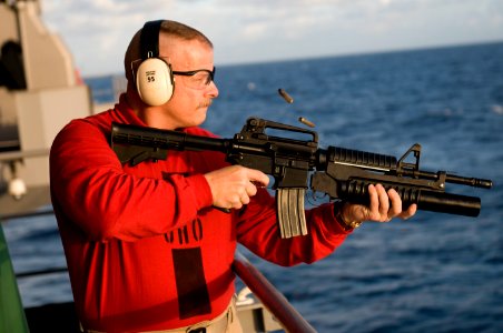 US Navy 111208-N-GZ832-147 A Sailor is participating in a familiarization fire exercise