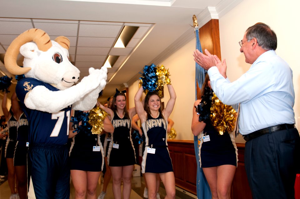 US Navy 111209-N-PM781-006 Secretary of Defense (SECDEF) Leon Panetta is greeted by Bill the Goat, the U.S. Naval Academy mascot, the Naval Academy
