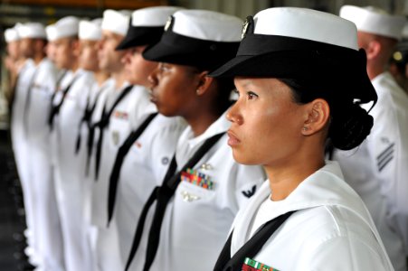 US Navy 111207-N-KD852-078 Sailors aboard the amphibious assault ship USS Makin Island (LHD 8) stand in formation during a commemoration ceremony i