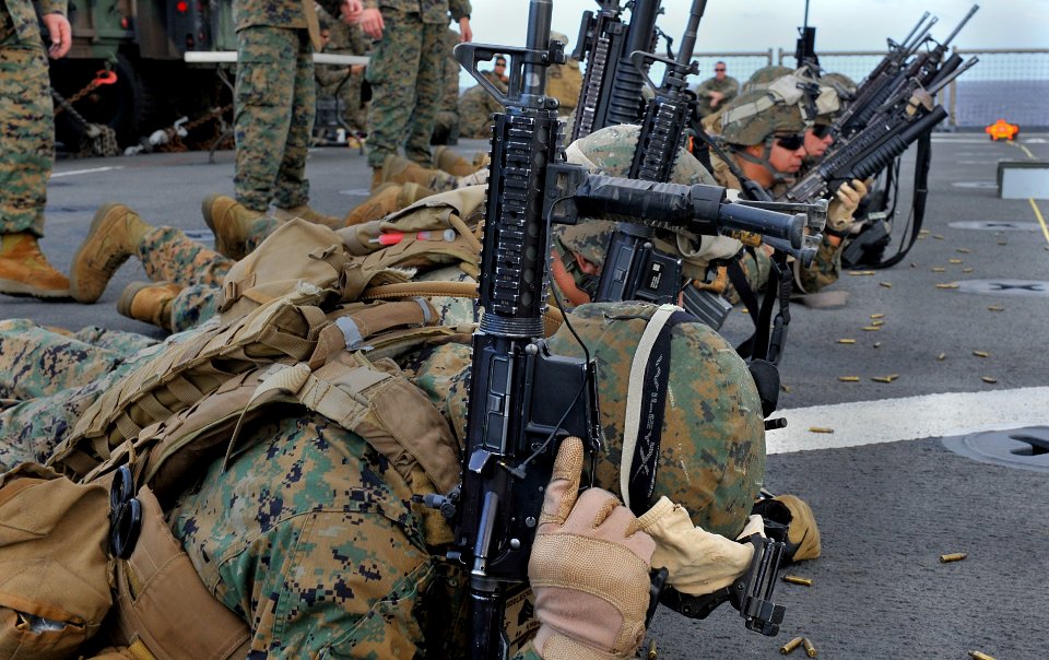 US Navy 111205-N-KS651-186 Marines from the 11th Marine Expeditionary Unit (11th MEU) participate in a live-fire exercise aboard the dock landing s