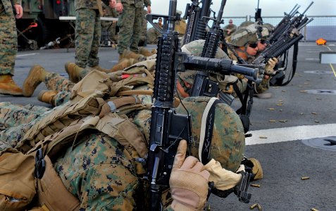 US Navy 111205-N-KS651-186 Marines from the 11th Marine Expeditionary Unit (11th MEU) participate in a live-fire exercise aboard the dock landing s