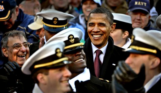 US Navy 111210-D-NI589-155 Standing among U.S. Navy Midshipmen, President Barack Obama and Secretary of Defense Leon Panetta, far left, enjoy the A