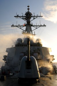 US Navy 111207-N-XQ375-039 The guided-missile destroyer USS Mitscher (DDG 57) conducts a test of its countermeasure wash down system