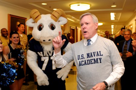 US Navy 111209-N-PM781-077 Secretary of the Navy (SECNAV) the Honorable Ray Mabus speaks with Bill the Goat, the U.S. Naval Academy mascot, the U.S