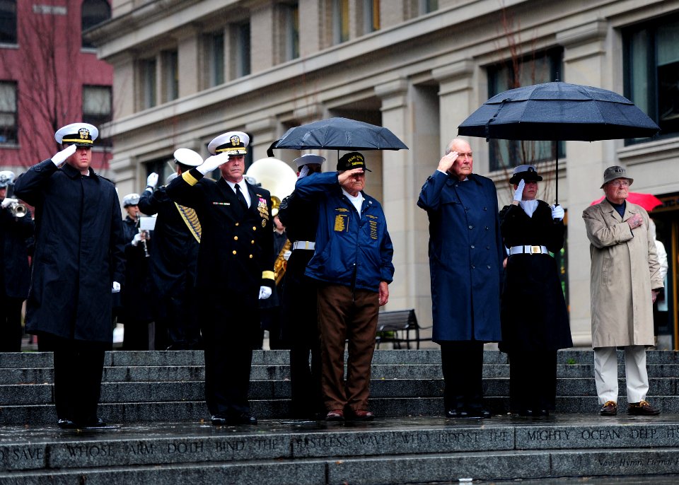 US Navy 111207-N-KV696-036 Rear Adm. Patrick J. Lorge, Frank Yanick and Rear Adm. Edward Walker Jr. render honors during a wreath laying ceremony a