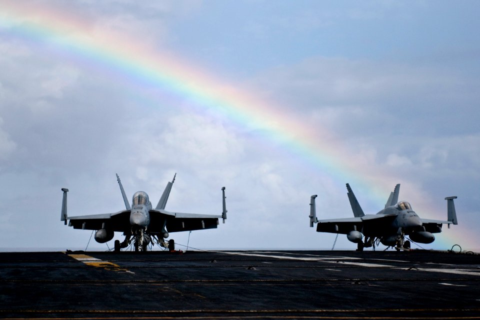 US Navy 111207-N-GZ832-107 F-A-18 E-F Super Hornets are staged on the flight deck of Nimitz-class aircraft carrier USS Carl Vinson (CVN 70)