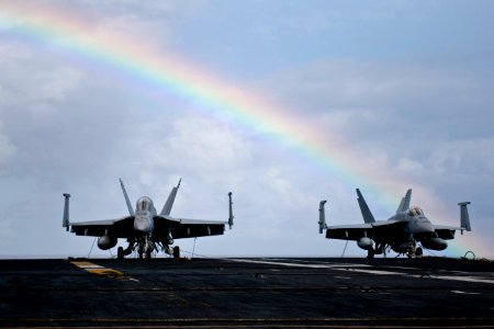 US Navy 111207-N-GZ832-107 F-A-18 E-F Super Hornets are staged on the flight deck of Nimitz-class aircraft carrier USS Carl Vinson (CVN 70)