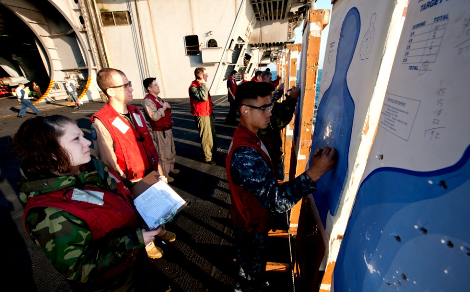 US Navy 111207-N-OY799-017 Sailors score targets during a small arms gun qualification aboard the Nimitz-class aircraft carrier USS John C. Stennis