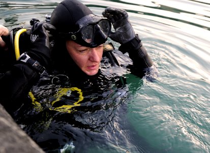 US Navy 111210-N-BA263-114 Chief Master-at-Arms Cris Miller, assigned to Commander, Task Group 56.1, conducts anti-terrorism-force protection dives photo