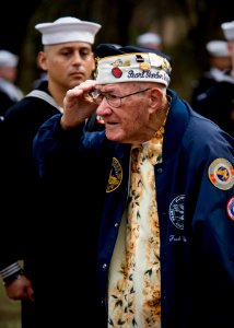 US Navy 111207-N-XS652-007 Frank Chebetar, president of the Pearl Harbor Survivors Association, Tidewater Chapter 2, salutes at a Pearl Harbor memo