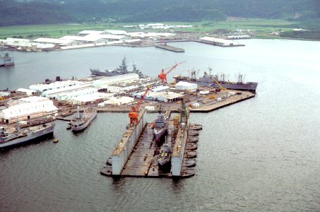 Warships docked at US Naval Station Subic Bay on 28 August 1982