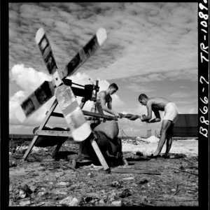 Washing machines used on Eniwetok Island. Even the Marine inventors of the wind-driven machine admit it isn't yet... - NARA - 520725