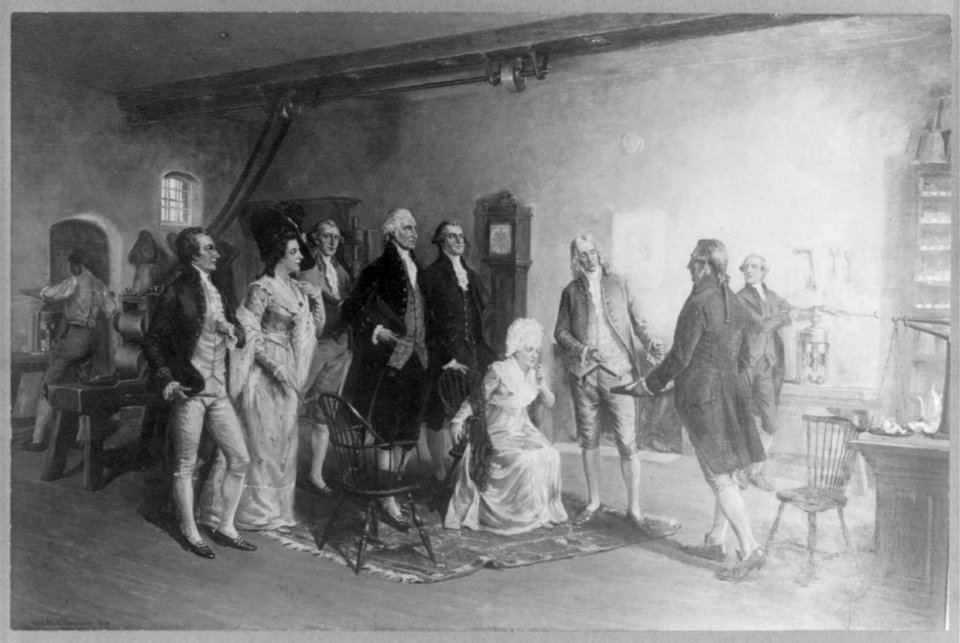 Washington inspecting the first money coined by the United States LCCN2002697722