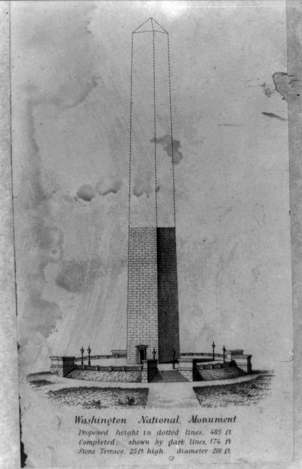 Washington National Monument proposed height in dotted lines, 485 ft. Completed, shown by dark lines, 174 ft. Stone terrace, 25 ft. high, diameter 200 ft. LCCN2014649259