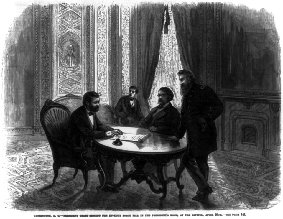 Washington, D.C. - President Grant signing the Ku-Klux Force Bill in the President's room with Secretary Robeson and Gen. Porter, at the Capitol, April 20 LCCN2002716005