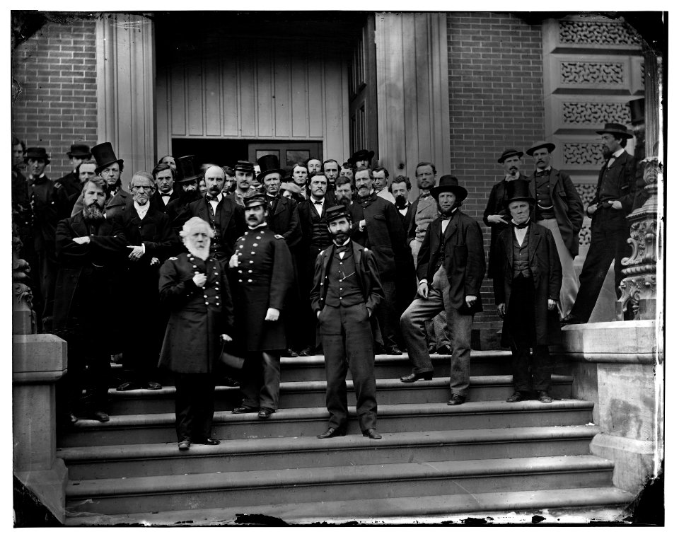 Washington, D.C. Brig. Gen. Charles Thomas, Assistant Quartermaster General, with Benjamin C. Card and George D. Wise, Division Chiefs, and other staff on steps of Quartermaster General's LOC cwpb.03671