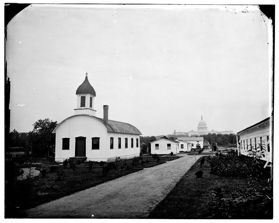 Washington, D.C. Chapel and other buildings of Armory Square Hospital, 6th and B (Independence Ave.) Sts. SW; completed U.S. Capitol in distance LOC cwpb.04314
