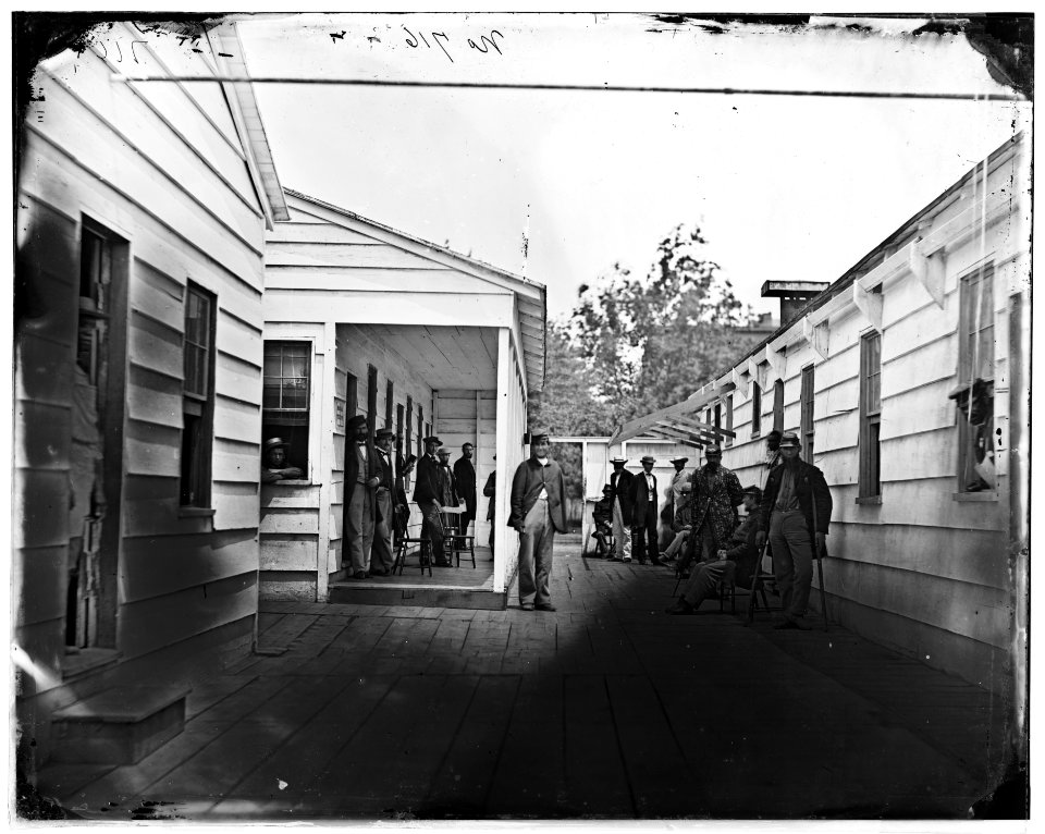 Washington, D.C. Convalescent soldiers and others outside quarters of the Sanitary Commission Home Lodge LOC cwpb.04163