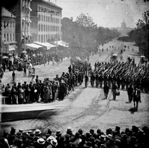 Washington, D.C. Infantry unit with fixed bayonets followed by ambulances