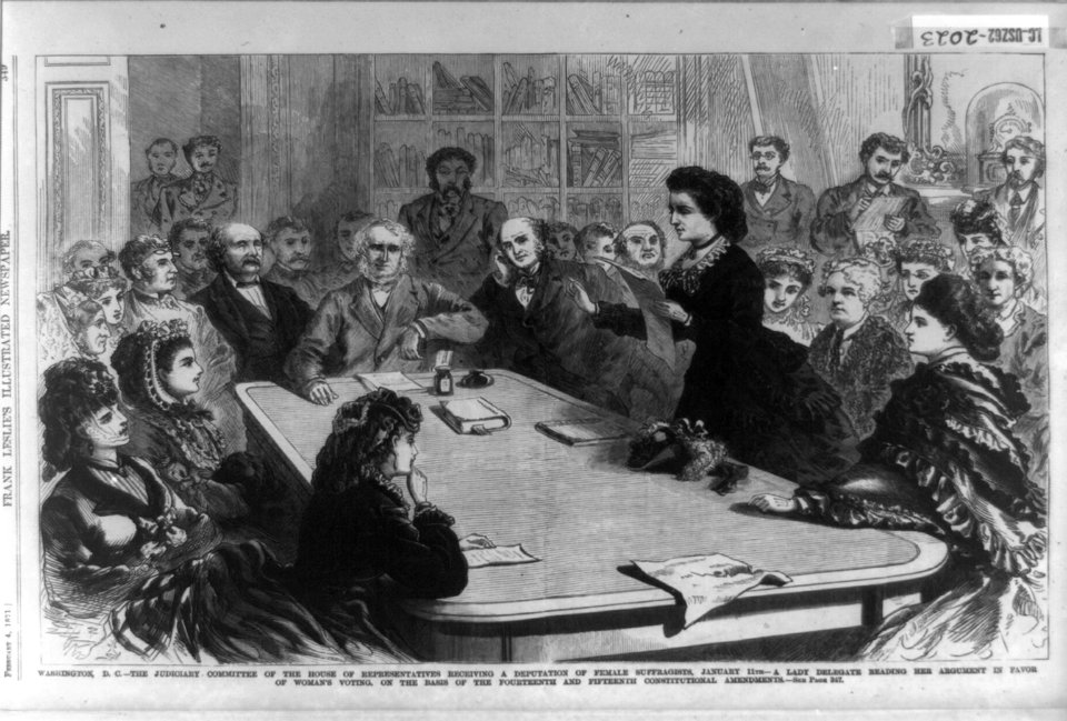Washington, D.C. The Judiciary Committee of the House of Representatives receiving a deputation of female suffragists, January 11th - a lady delegate reading her argument in favor of woman's LCCN2004670399