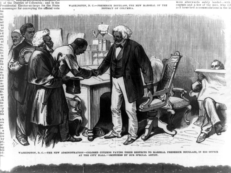 Washington, D.C.-the new administration-colored citizens paying their respects to Marshall Frederick Douglass, in his office at the city hall - sketched by our special artist. LCCN93512859