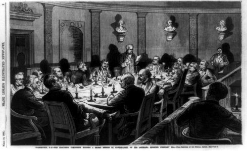 Washington, D.C.-the Electoral Commission holding a secret session by candle-light, on the Louisiana question, February 16th LCCN89712291