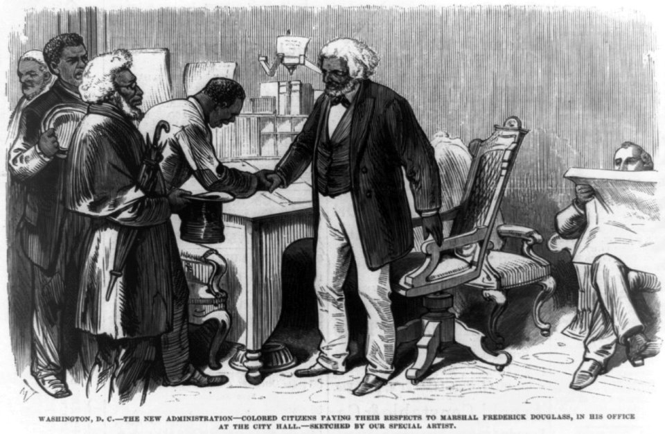 Washington, D.C.-the new administration-colored citizens paying their respects to Marshall Frederick Douglass, in his office at the city hall - sketched by our special artist. LCCN93512859