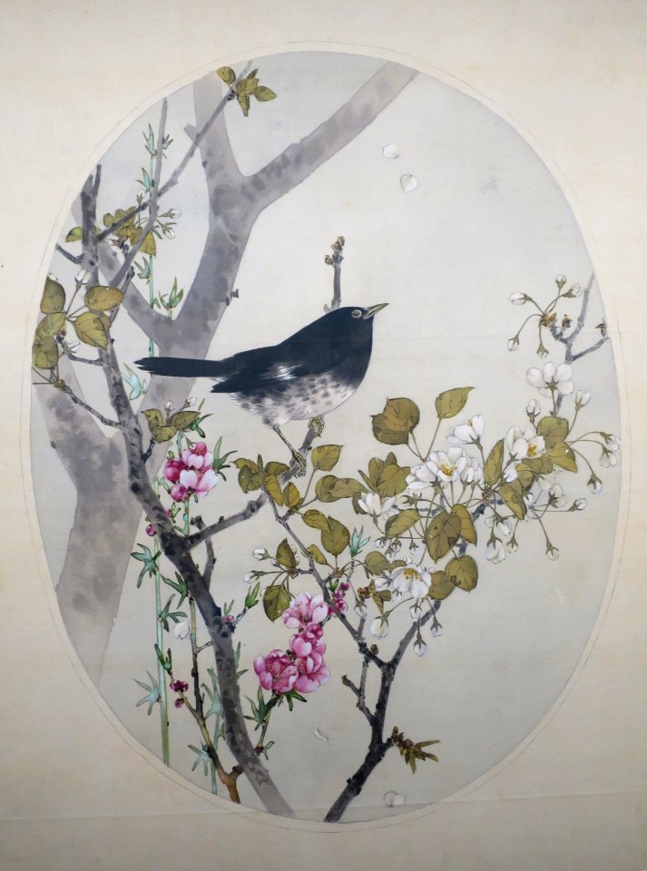 Japanese Thrush with Flowering Quince and Wild Cherry by Watanabe Seitei