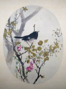 Japanese Thrush with Flowering Quince and Wild Cherry by Watanabe Seitei