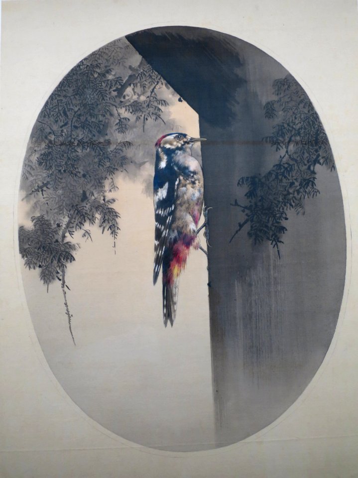 Great Spotted Woodpecker on Japanese Cypress by Watanabe Seitei