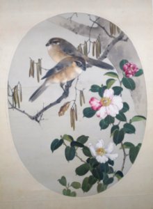 Bull-headed Shrikes with Camellia and Japanese Alder by Watanabe Seitei 