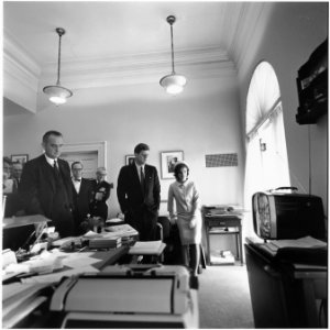 Watching flight of Astronaut Shepard on television. Attorney General Kennedy, McGeorge Bundy, Vice President Johnson... - NARA - 194236 photo