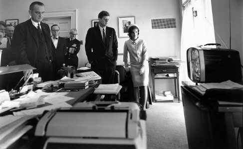 Watching flight of Astronaut Shepard on television. Attorney General Kennedy, McGeorge Bundy, Vice President Johnson... - NARA - 194236 (cropped) photo