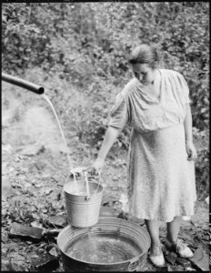 Water supply for several miners' families living up the hollow. Dixie Darby Fuel Company, Marne Mine, Lejunior... - NARA - 541298
