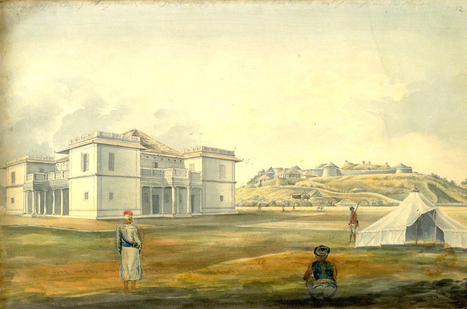Watercolor guest house of the Raja of Coorg with fort in the background