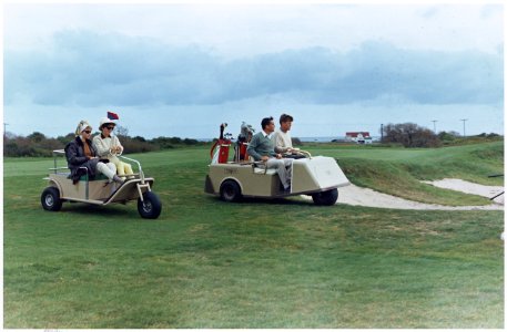 Weekend at Newport- Golfing. Mrs. Bradlee, Mrs. Kennedy, Ben Bradlee, President Kennedy. Newport, RI, Newport Country... - NARA - 194228