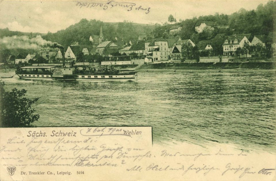 Wehlen (Stadt Wehlen), Sachsen - Panorama vom gegenüberliegenden Ufer, mit Dampfer (Zeno Ansichtskarten)