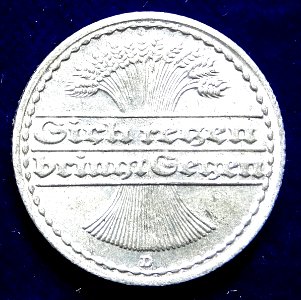 Weimar Republik 50 Pfg 1919 D Al- Coin. Reverse photo