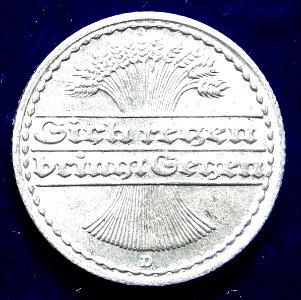 Weimar Republik 50 Pfg 1919 D Al- Coin. Reverse