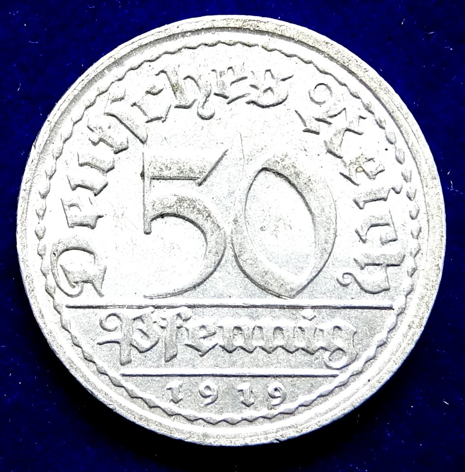 Weimar Republik 50 Pfg 1919 D Al- Coin. Obverse