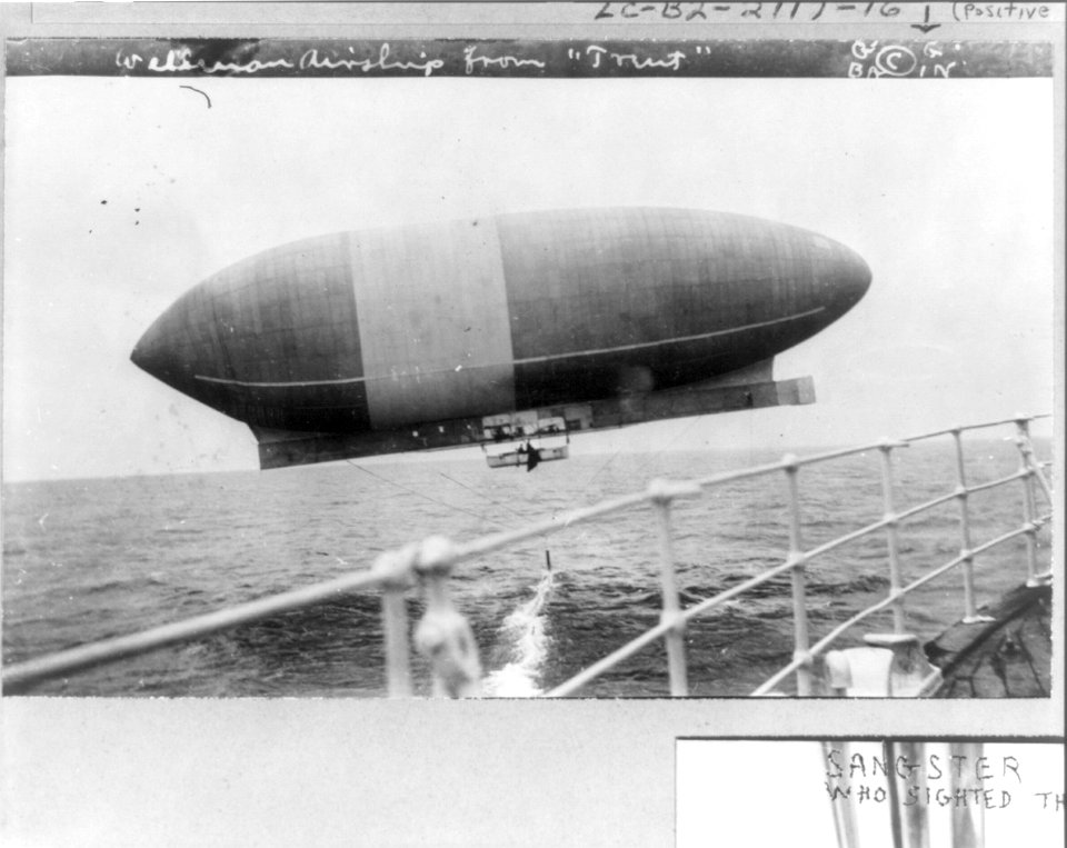 Wellman airship America viewed from the RMS TRENT, shown dragging anchor in water LCCN2002722166