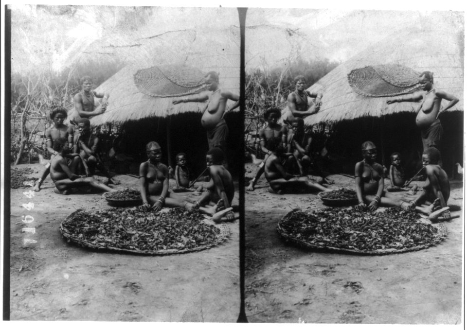 West Africa, 1909- 6 natives and child before low thatched hut LCCN2003690306