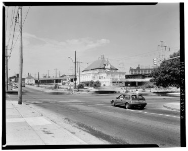 West view, general; Station Building, covered ramp, and Street Car Waiting House, right to left - North Philadelphia Station