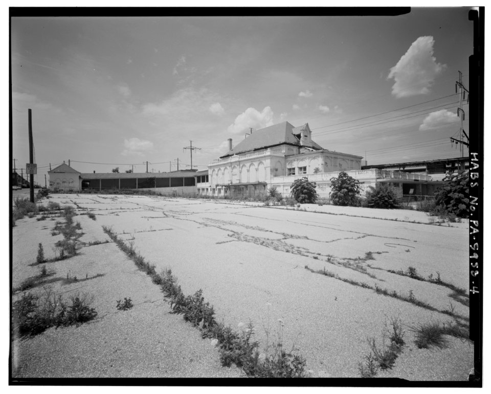 West view, general; Station Building, covered ramp, and Street Car Waiting House - North Philadelphia Station